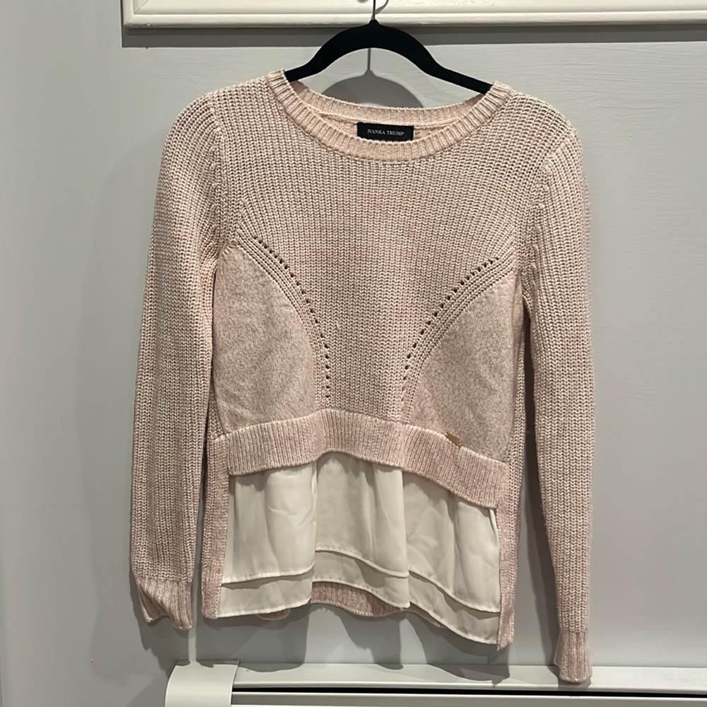 Pink womens sweater, sheer detail at bottom of shirt